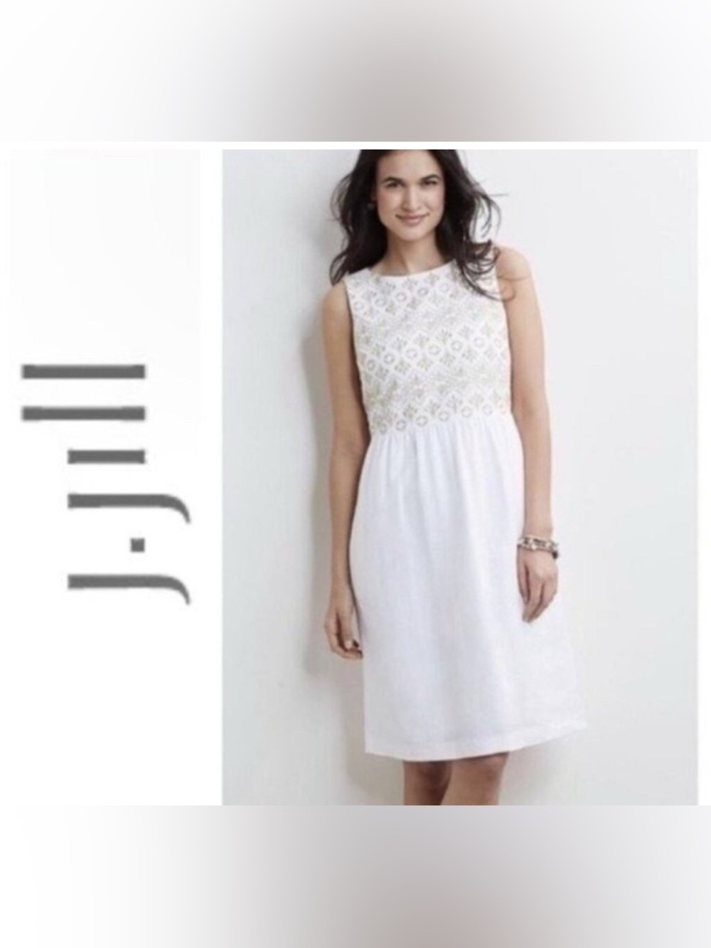 J. Jill Love Linen White Tan Embroidered Midi Dress Women’s Size 8 Summer